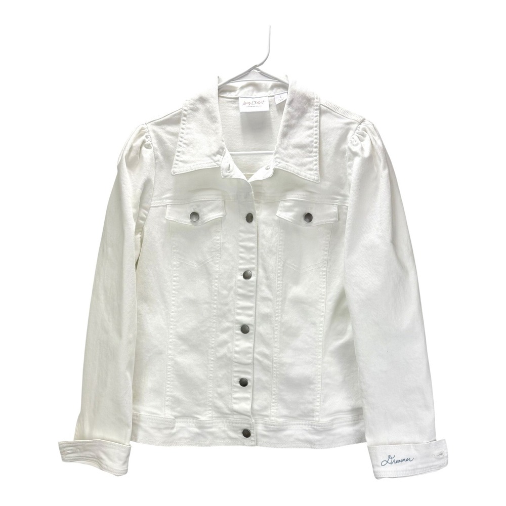 Lacey Chabert White Denim Jacket‎ Puff Sleeve Dreamer Embroidered Size L Beachy